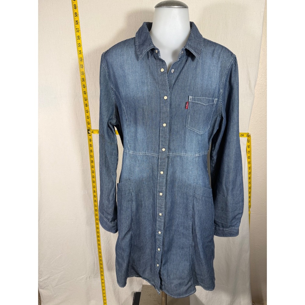 Levi's Shirt Dress Womens Medium Blue Pinstripe Long Sleeve Button Up Denim